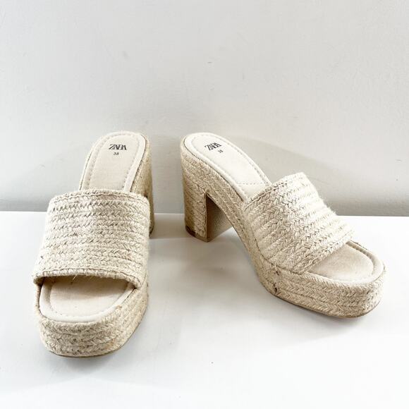 ZARA Woven Wicker Platform Square Toe Slide Block Heel Sandals Tan 38 / US 8 - Picture 9 of 9